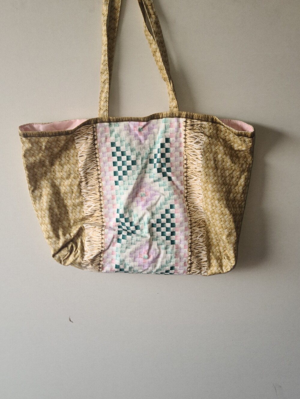 Estee Lauder Beige and Pink Woven Patchwork Tote